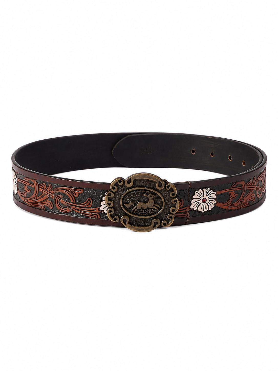 Unisex Genuine Leather Western Brown Embossed Floral Waist Accessory Antique Buckle-image-13