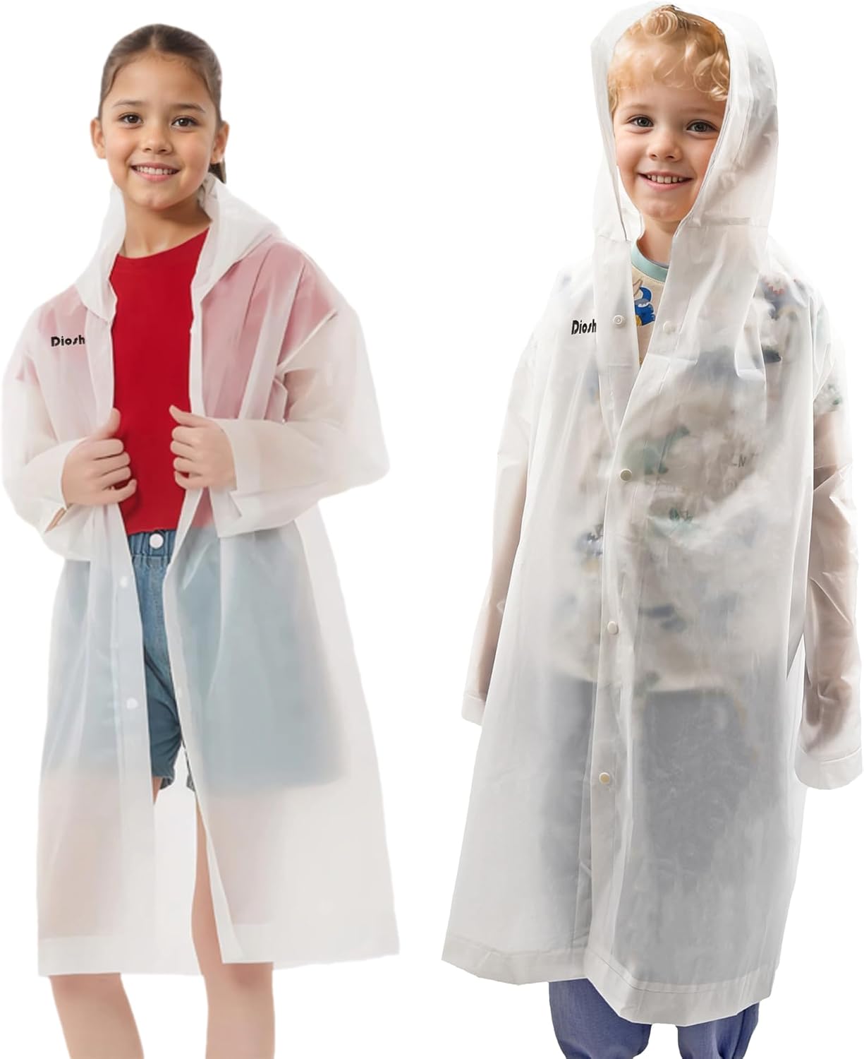 Waterproof Rain Poncho for Kids with Hooded and Long Sleeves White Children EVA Rain Coat Thin Reusable Portable Lightweight Outdoor Rainwear for Boys Girls 110cm-150cm