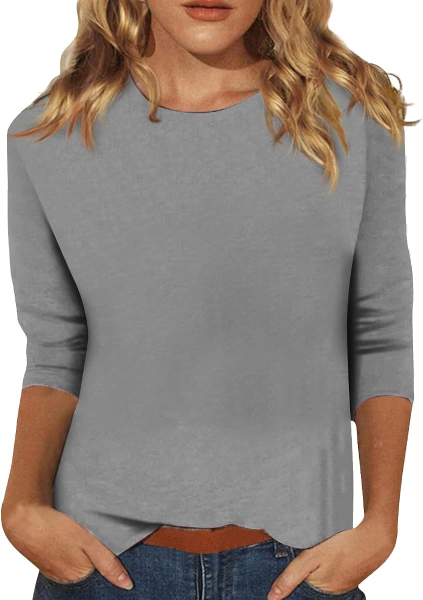 Tops de manga 3/4 para mujer, camisetas informales holgadas con cuello redondo, camisetas bonitas lisas de talla grande, Tops de moda de primavera 2025