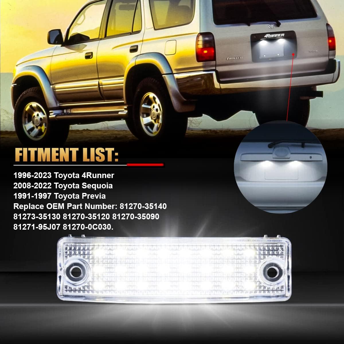D-Lumina LED License Plate Light Tag Lamp Assembly Compatible with Toyo-ta 4Runner 1996-2024 ＆ Sequoia 2008-2022, Powered by 24-SMD 6000K White License Plate Lamp, Pack of 2