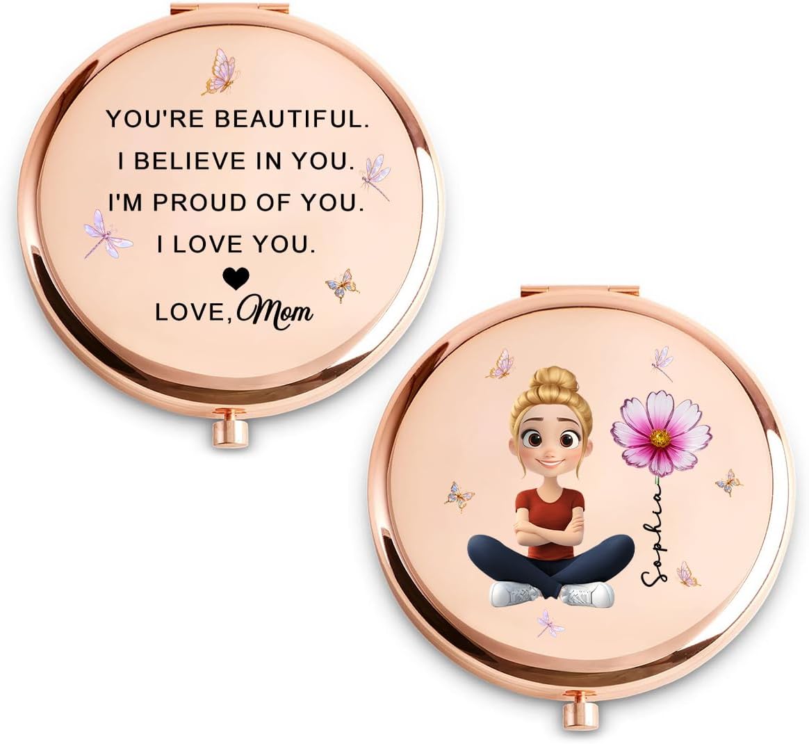 Wrappiness Personalized Compact Mirror for Women - Custom 2-Sided Mirror with Birth Month Flower, Ideal for Best Friends, Bridesmaids on Birthdays, or Anniversaries