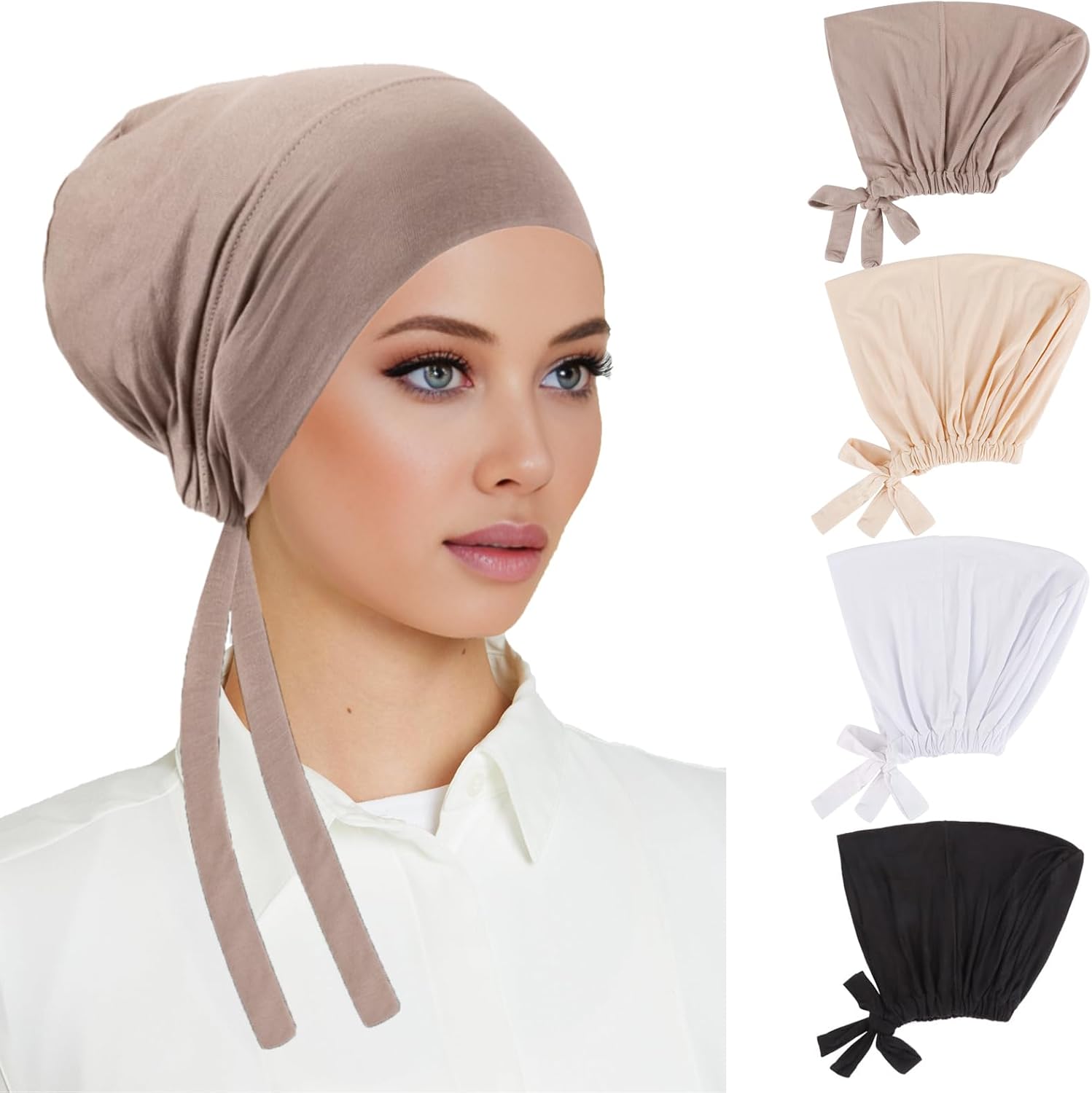 XEPST 4 PCS Hijab Undercap for Women, Islamic Muslim Under Hijab Cap Underscarf Tie Back Closure Modal Hijabs Caps Inner Underscarf Undercap Turban Head Wraps for Women Chemo Sleep Cap, Set 3