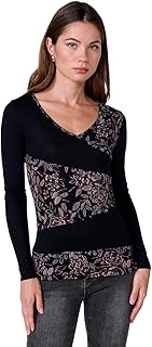 Camiseta Negra de Manga Larga con Cuello Pico y Estampado Floral Efecto Bordado para Mujer