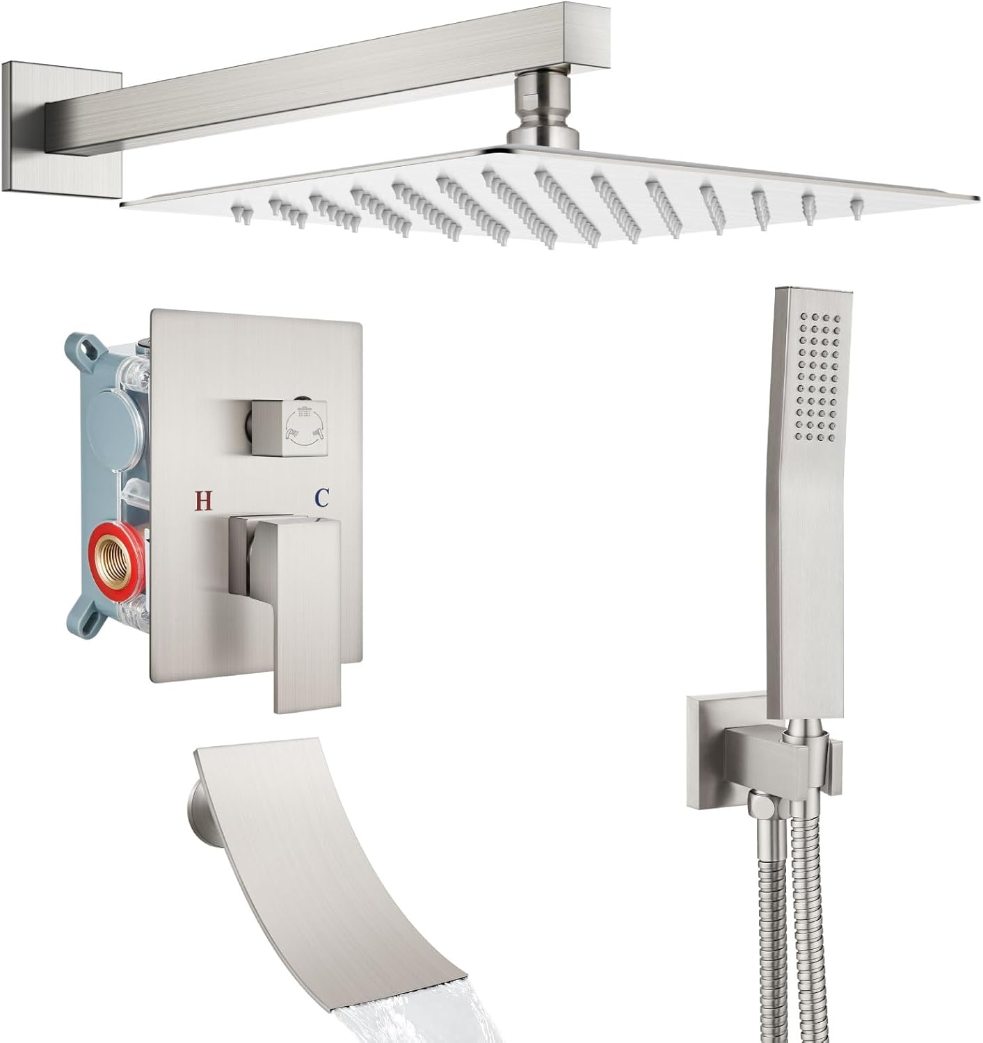 Airuida Bathtub Rain Shower System Set – 3-Function Mixer Shower Faucet with Waterfall Tub Spout,10-Inch Wall-Mount Rainfall Showerhead,Handheld Combo Set,Rough-In Valve Included,Brushed Nickel