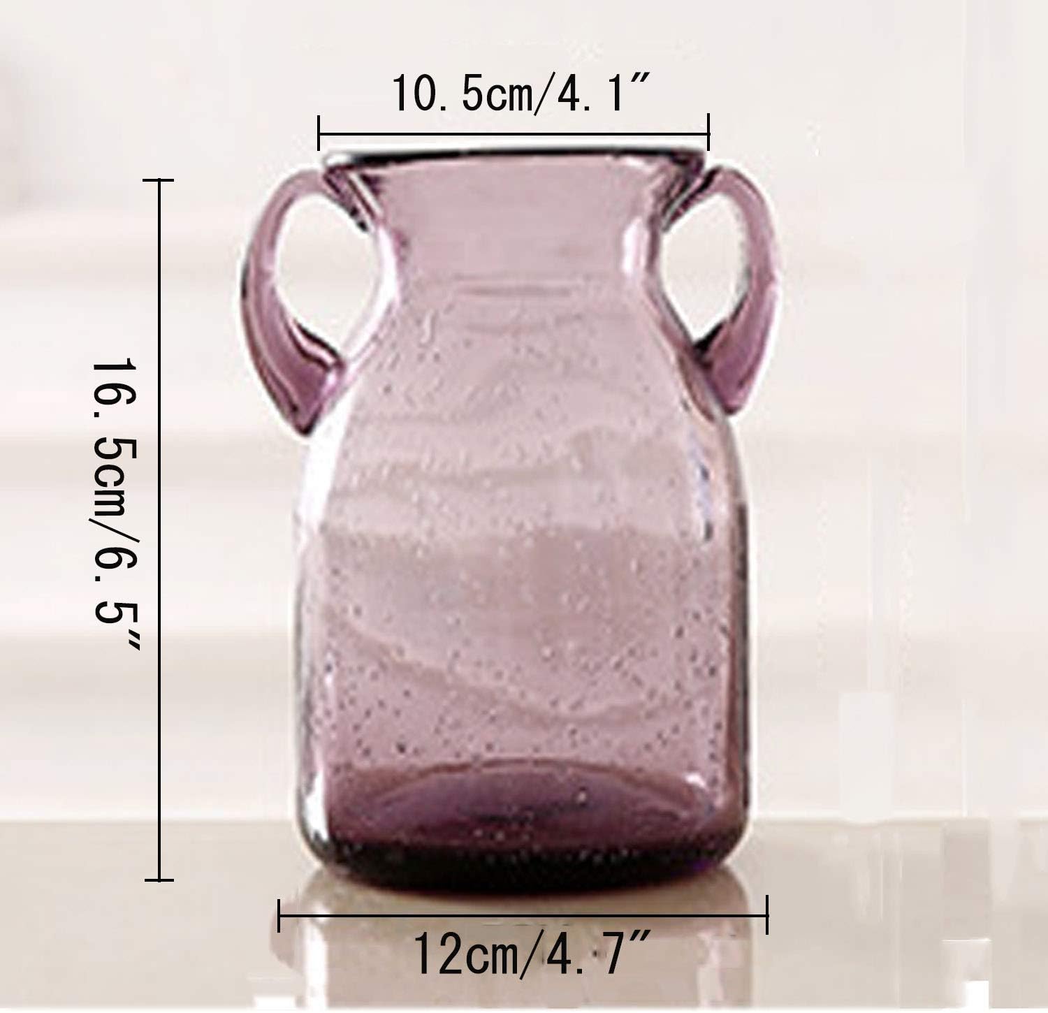 Small Clear Glass Vase with Double Ear and Decorative Handmade Filler Bubbles, (Blue, Purple, Grey, Green) Colorful Flower Vases for Decor(Purple-Small)