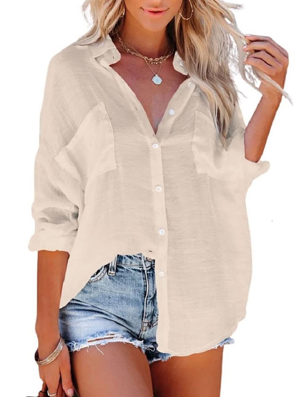 Casual Beach Shirt Tunic Dress with Pockets for Women Button Down Half Sleeve Swimsuit Cover Up