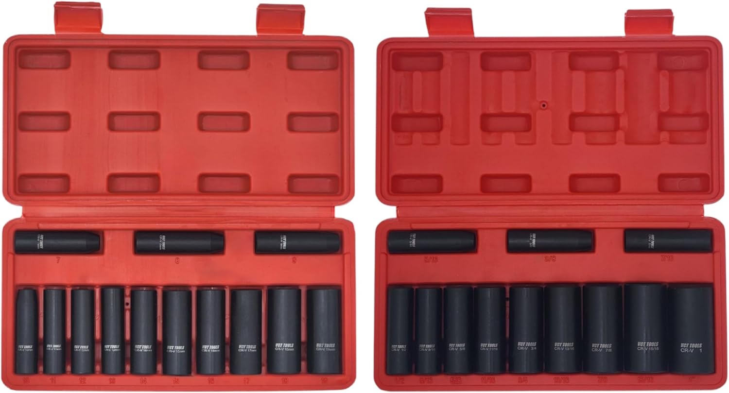 VCT 25Pc Master Set 3/8" Inch Drive Deep Impact Socket Set Standard SAE and Metric MM, 6-Point 5/16" - 1" & 7mm-19mm