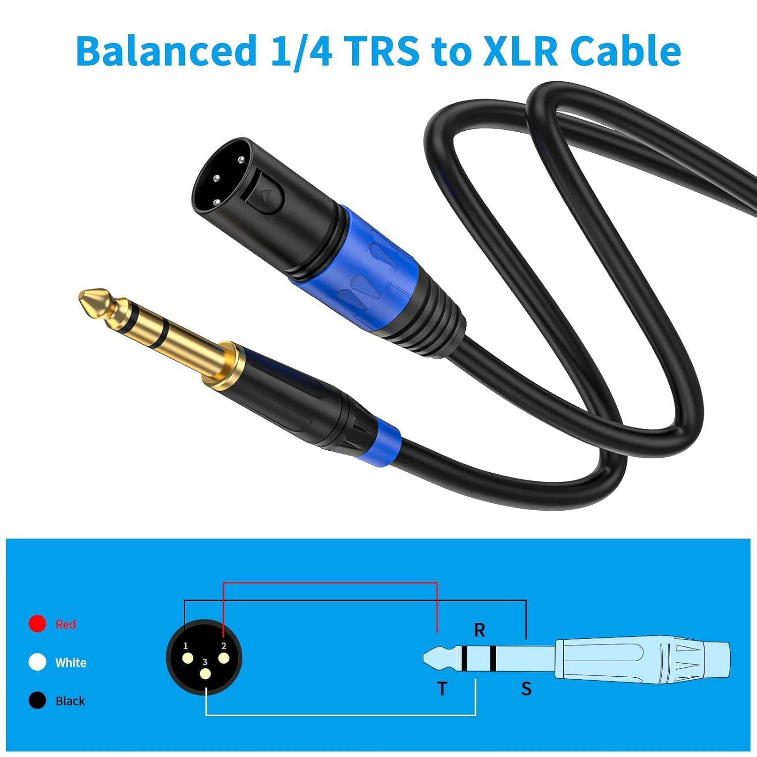 Mikrofonkabel XLR auf 6,35 mm TRS Mono-Klinkenstecker, 30 m, symmetrischer 3-poliger XLR-Stecker auf Viertel-Zoll-TRS-Stecker, Mikrofonkabel für dynamisches Mikrofon, 2 Stück
