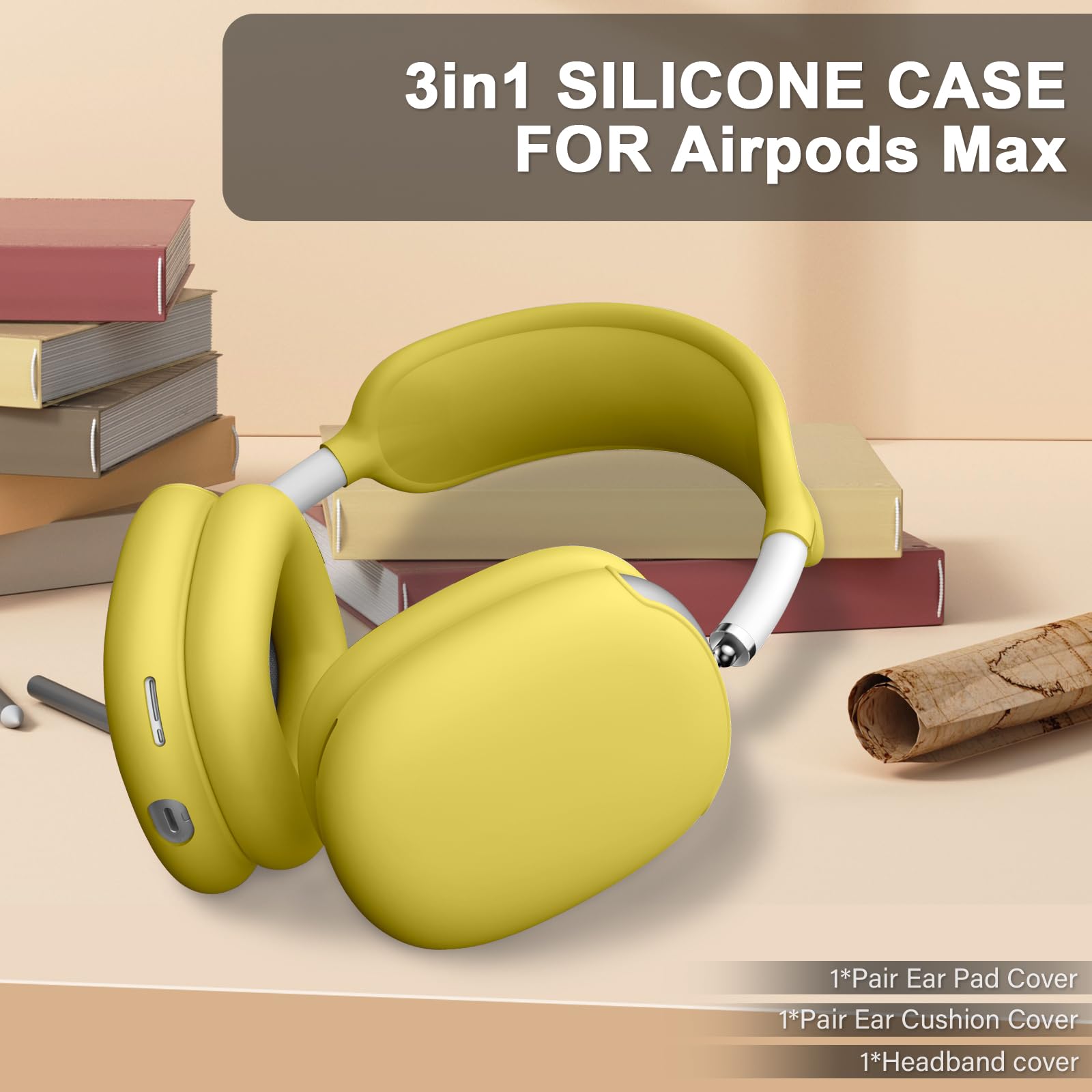 Maxjoy Funda para AirPods Max, funda de silicona suave para los oídos, funda para auriculares AirPods Max, accesorios antiarañazos, funda protectora para Apple AirPods Max, color amarillo claro