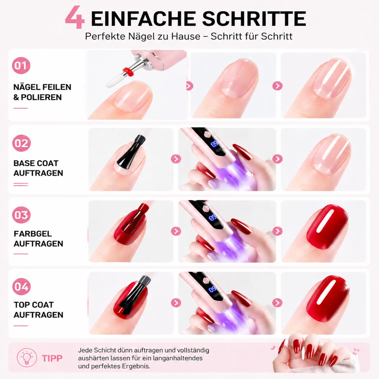 Gelnägel Starter Set für Anfänger, Kabelloser Nagelfräser mit Integriertem UV-Licht, UV Gel Nagellack Set mit Base Coat, Top Coat und Farbe Rot, Komplettes Nagelset zum Nägel Selber Machen