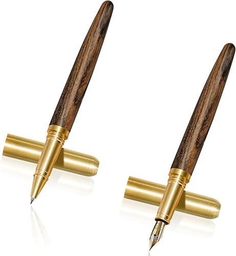 Rimoev Juego de 2 bolígrafos de madera, pluma estilográfica vintage hecha a mano de 0.028 inpunta fina de 0.020 in, bolígrafos de escritura suave