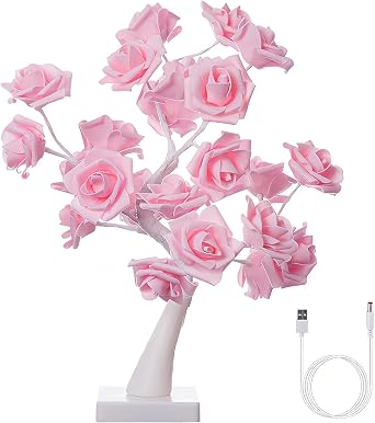 iKenta 18" Tree Table Lamp 24 Pink Artificial Flower Rose,Wedding Light Home Decor Bedside Night Light Battery Powered Pink Table Lamp for Girl Women, Mothers Day, Valentines Day, Birthday Present