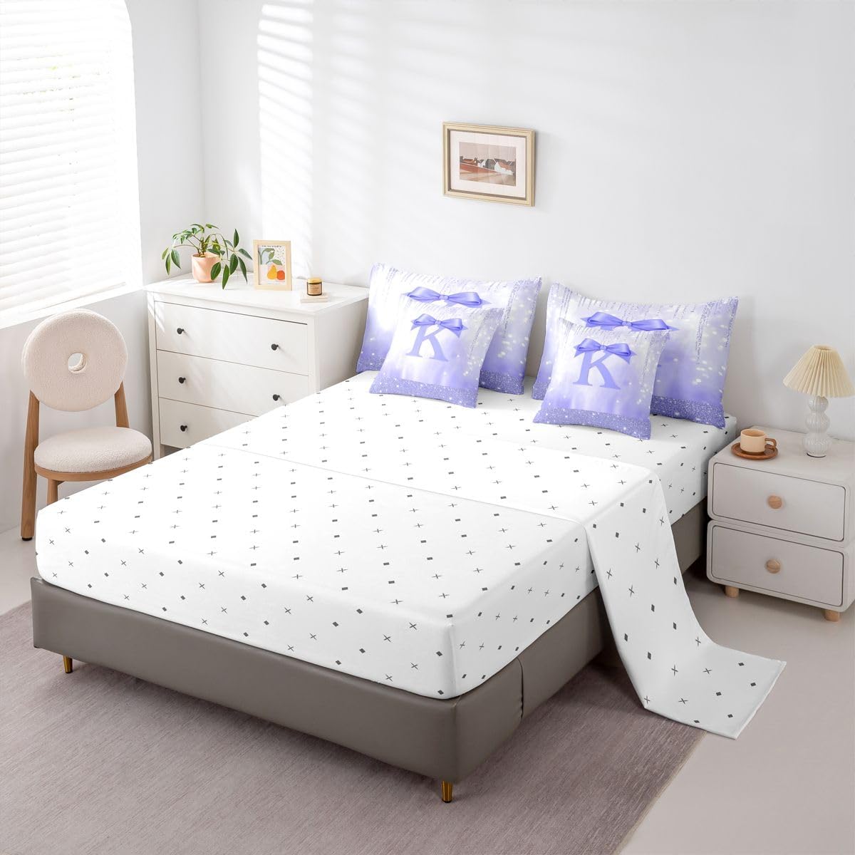 Feelyou Purple Bowknot Comforter Set with Sheets 7 Piece Twin Size Initial Letter K Bed in a Bag Kids Boys Girls Princess Glitter Bedding Set Cute Bow Alphabet Bedroom Decor Breathable Soft