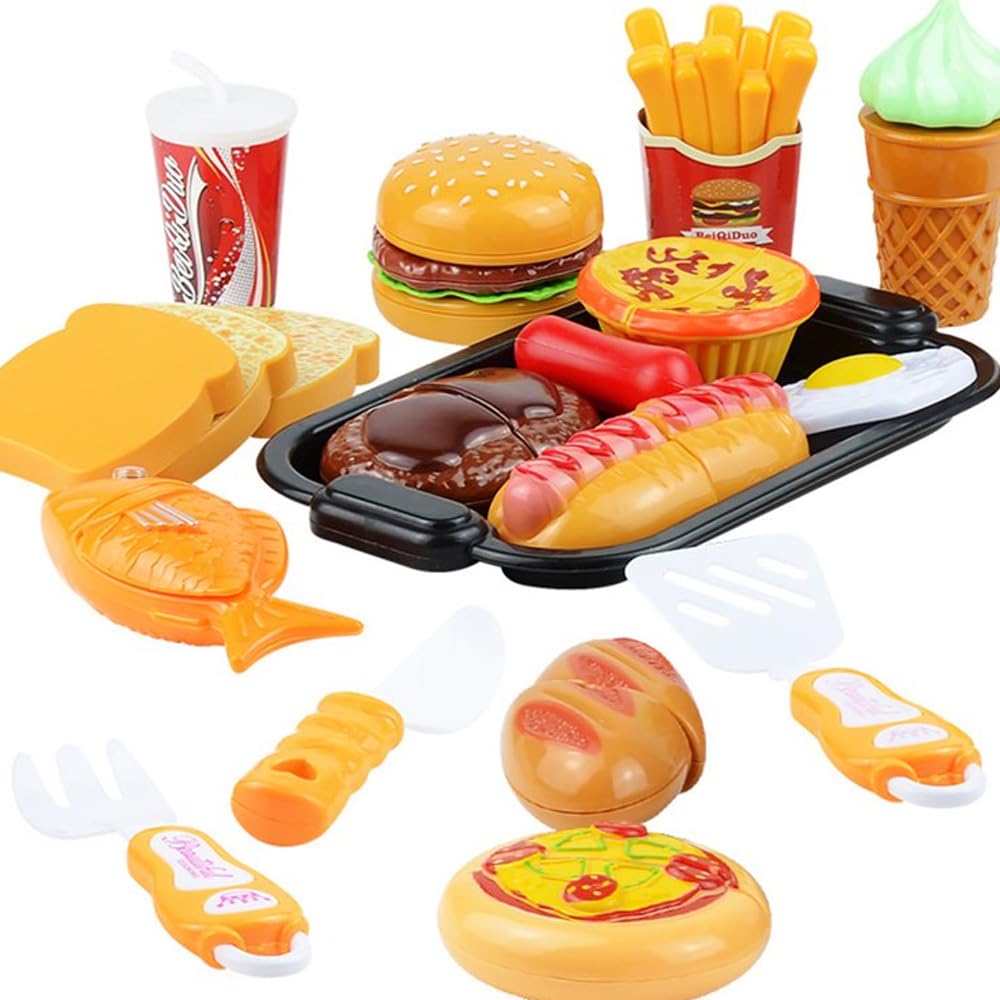 AMERTEER Play Food Set for Kids 17Pcs Pretend Cutting Fruits Vegatable Cake Food Playset Kitchen Cooking Sets Toys for Educational Learning Fake Foods for Toddlers Kids Girls Boys (Cake)