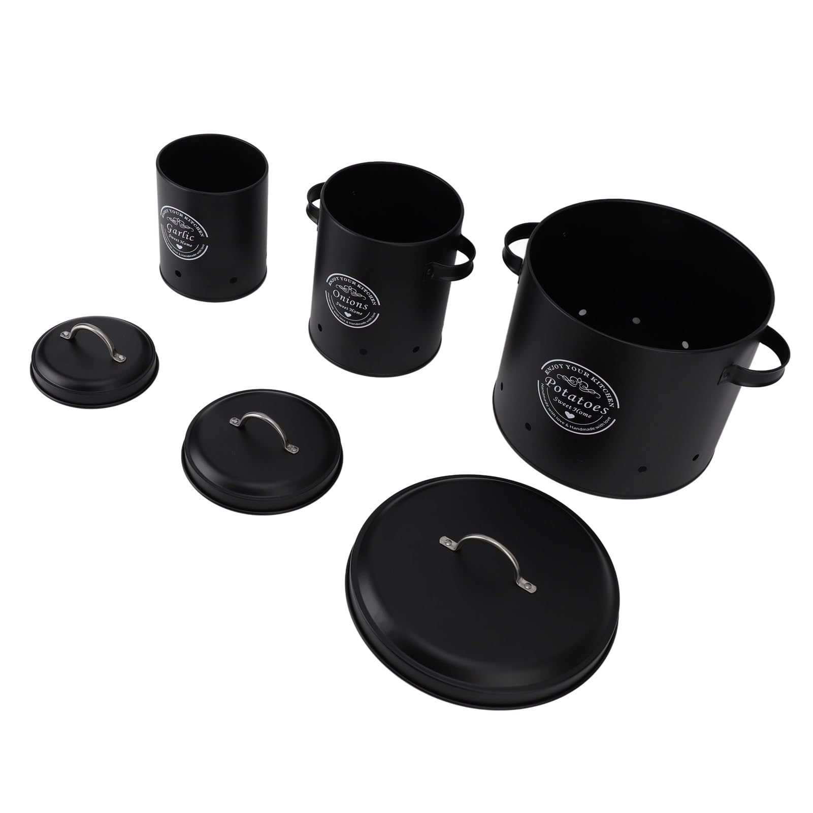 Srliya Kartoffel- und Zwiebel-Vorratsbehälter-Set, Umweltfreundlicher Behälter aus Kohlenstoffstahl mit Versiegeltem Design für die Organisation in der Küche, 3 Kanister, Gläser, (Schwarz)
