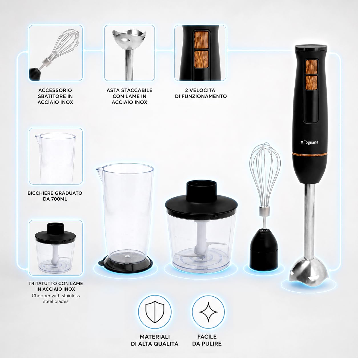 Tognana Iridea blender ręczny 3 w 1, 400 W, stalowy, czarny/brązowy