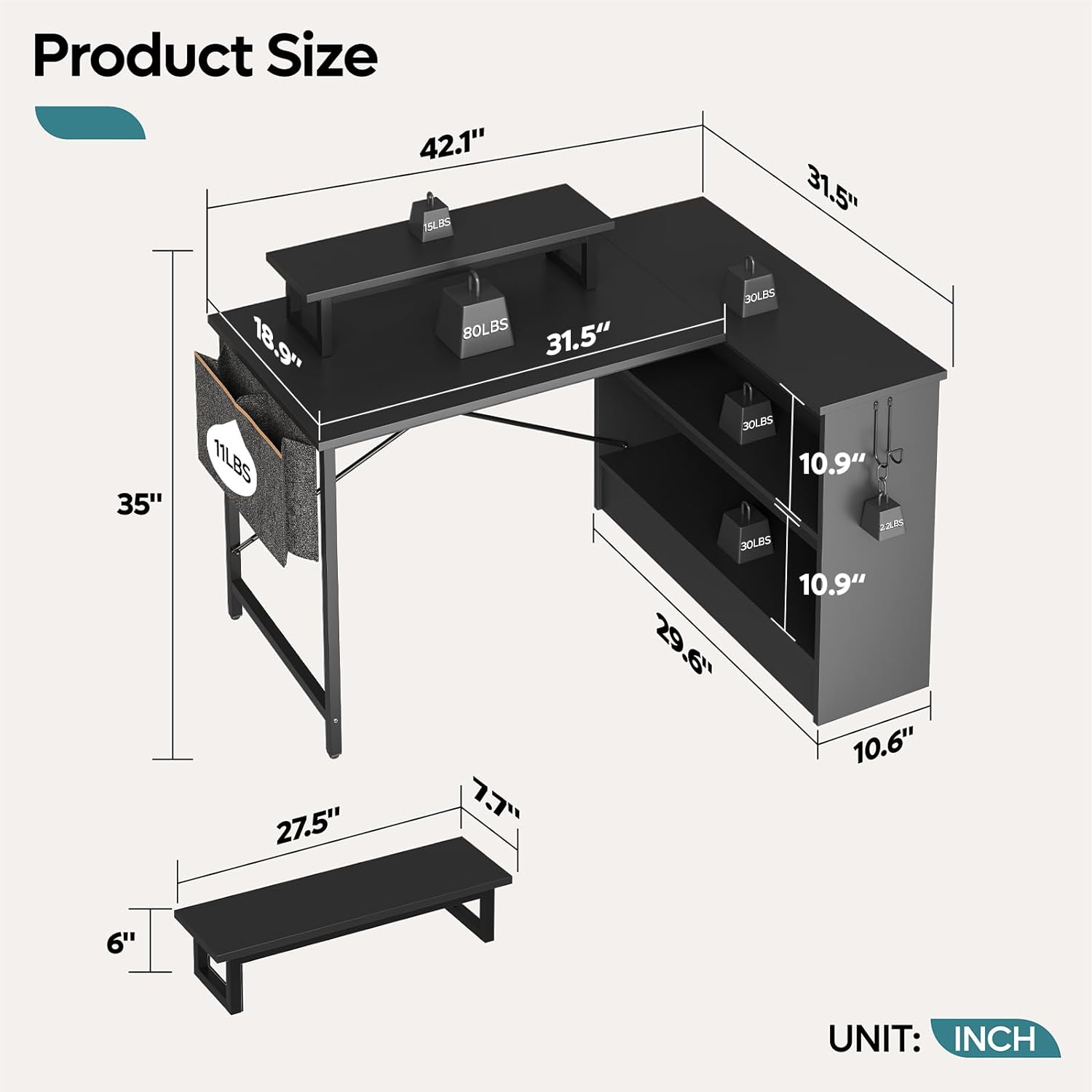Bestier L-Shaped Desk Product Size Diagram