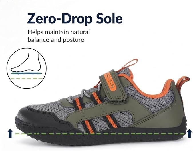 WHITIN Kids Wide Barefoot Shoes Size 2.5 Boys Tennis Casual Athletic Green | Natural Foot-Friendly Fit, Hook & Loop Closure, Breathable Mesh Keep Feet Cool, Flexible Steps, Back to School Ready