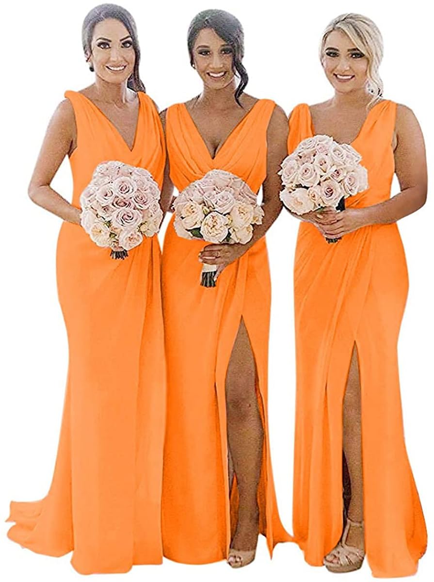 Sayno Women's Orange A-Line Bridesmaid Dresses Long Pleated V Neck High Split Evening Prom Party Gowns Uk28