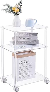 HMYHUM Acrylic Rolling Side Table for Small Spaces, Mobile End Table with Lockable Wheels, Nightstand/Bedside Table for Living Room, Bedroom, 3-Tier, 15.7" L x 11.8" W x 23.6" H, Clear