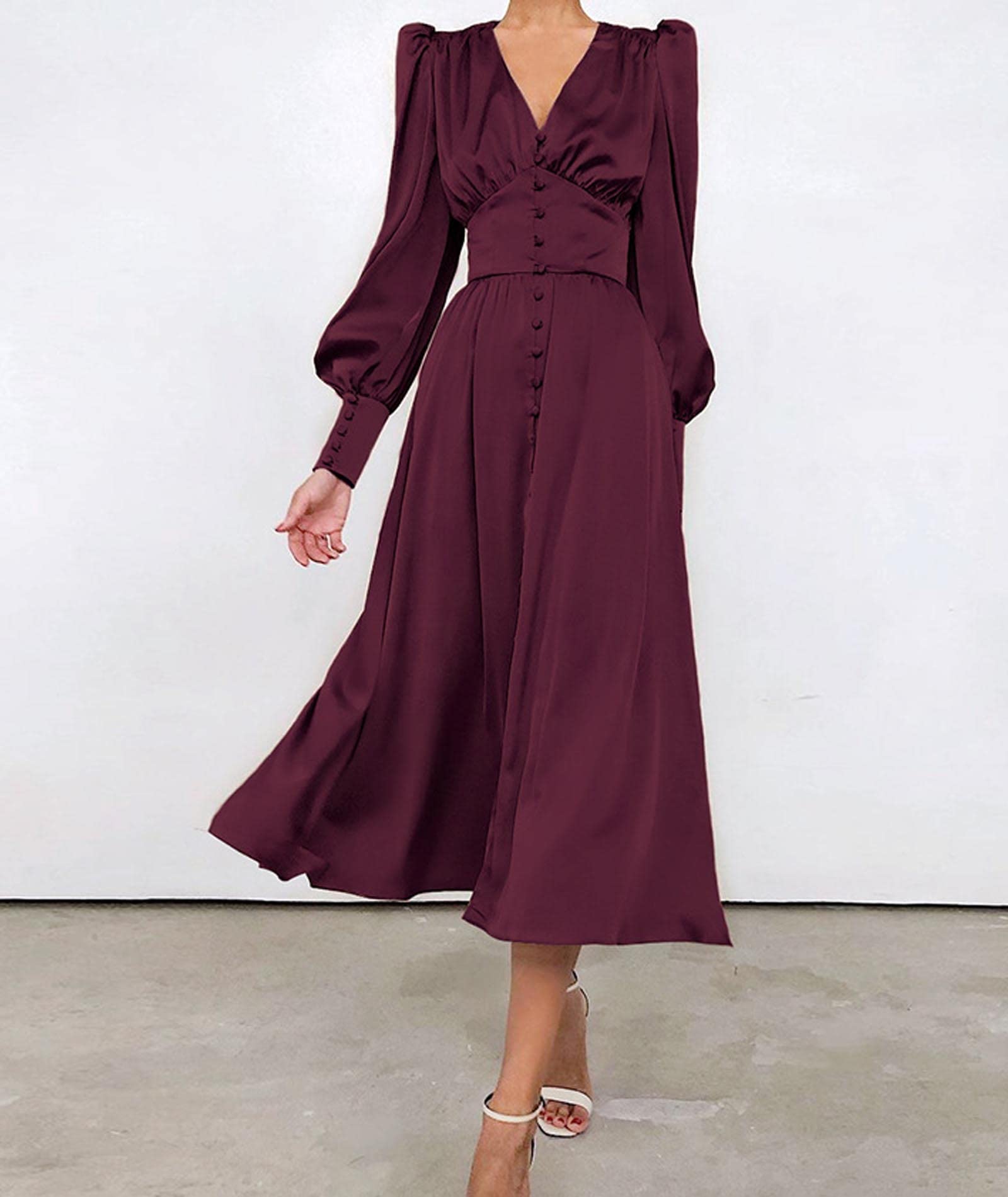 xxxiticat Abito da donna a maniche lunghe, in raso, a maniche lunghe, con bottoni, con volant, stile vintage, maniche a sbuffo