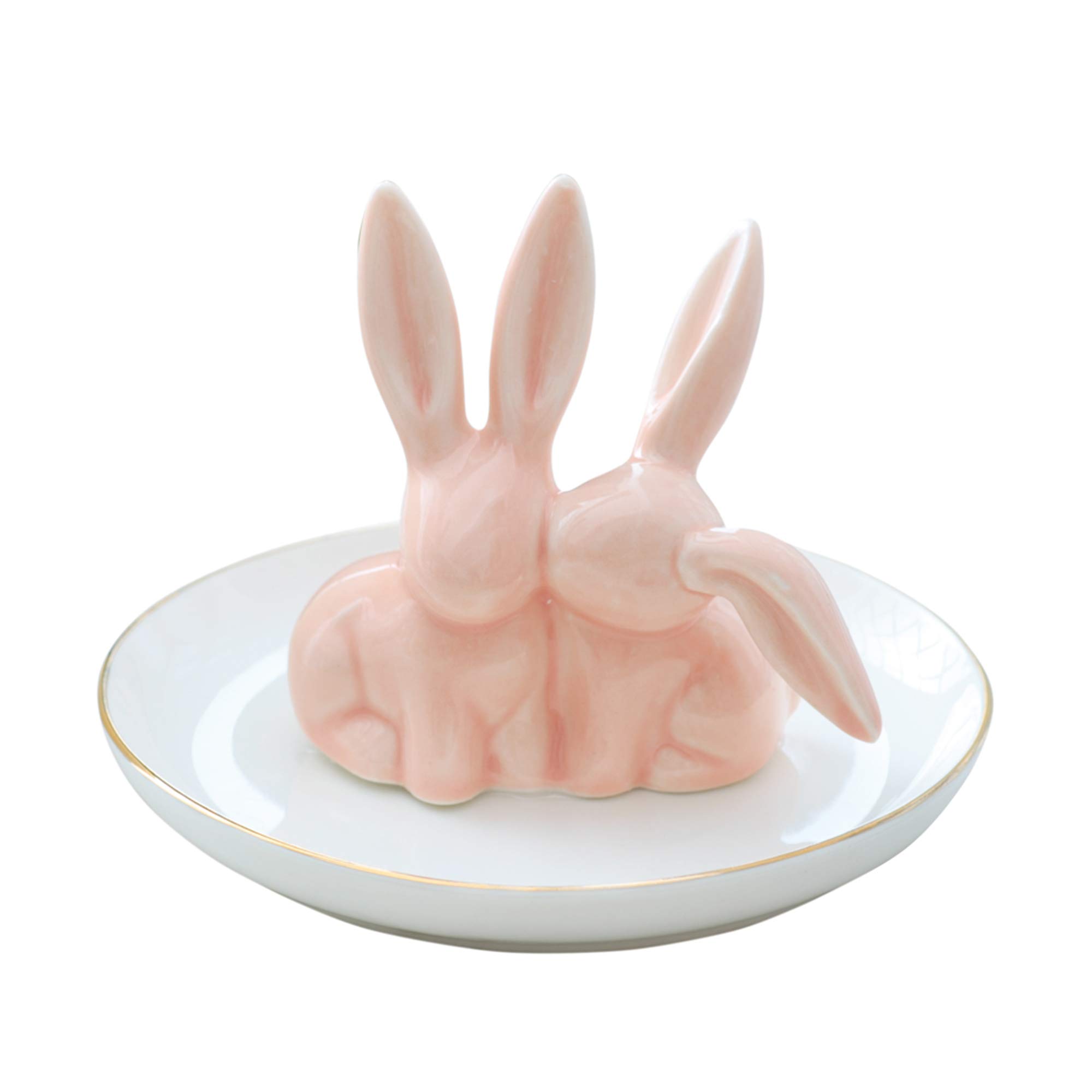 Vellarr Gold Adorable Bunny Ring Holder Jewelry Tower Ceramic Dish Plate Jewel Display Organizer Trinket Tray, Lovely Rabbit (Light Pink Color)