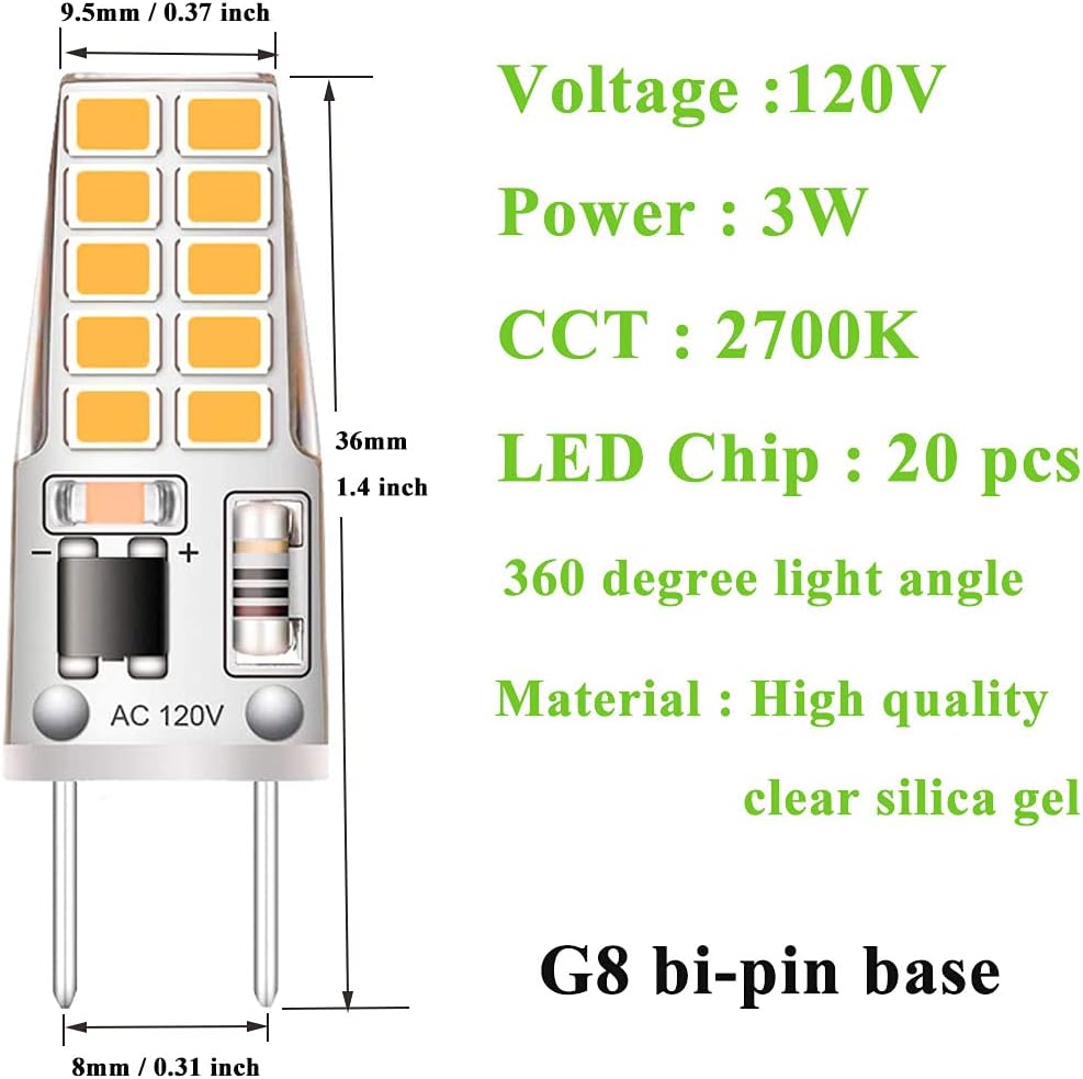 Kapata 5 Pack G8 LED Bulb Soft White 2700K 120V 3W Equivalent to G8 Halogen Bulb 35W T4 JCD Type GY8.6 Bi-Pin Base, Non-dimmable for Under Cabinet Light, Under Counter Kitchen Lighting image 2