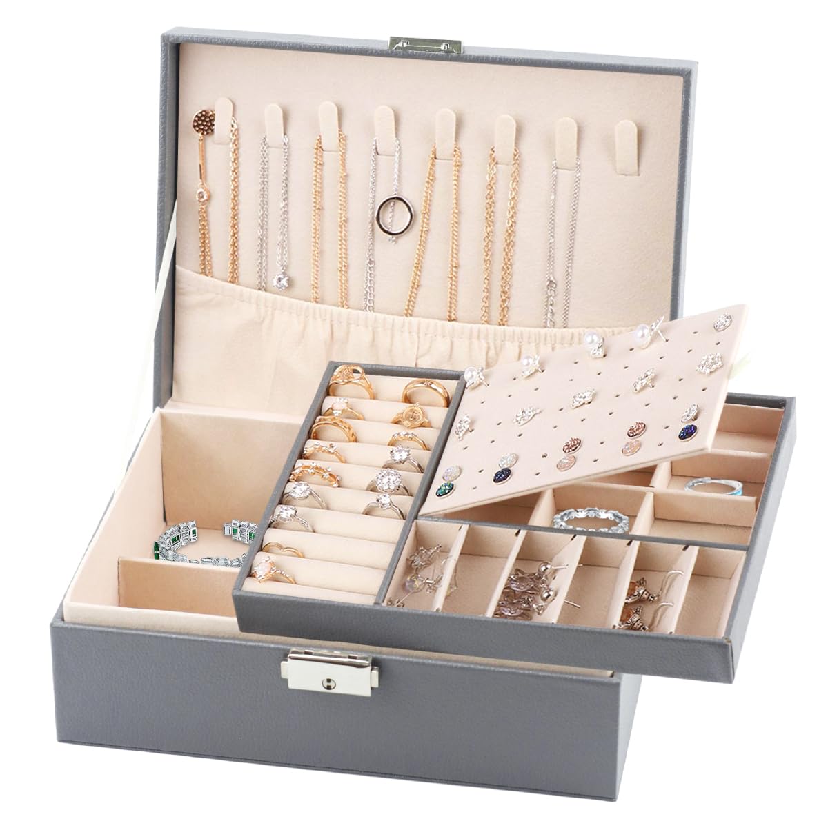 Jewellery Box, Jewellery Organiser for Women Girls, 2 Layers Large Jewelry Organiser, PU Leather Lockable Jewelry Storage Case with Removable Tray for Necklace Earrings Rings Bracelets, Grey