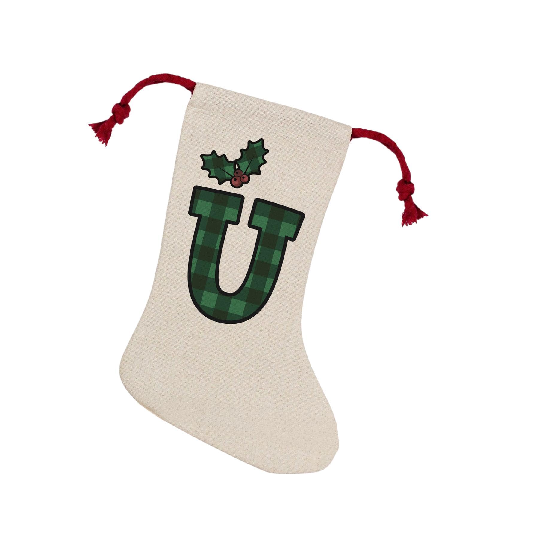 Purely Home Green Tartan Alphabet Letter U Stocking - Novelty Initial Xmas Gift Linen-Style With Red Drawstring Ties