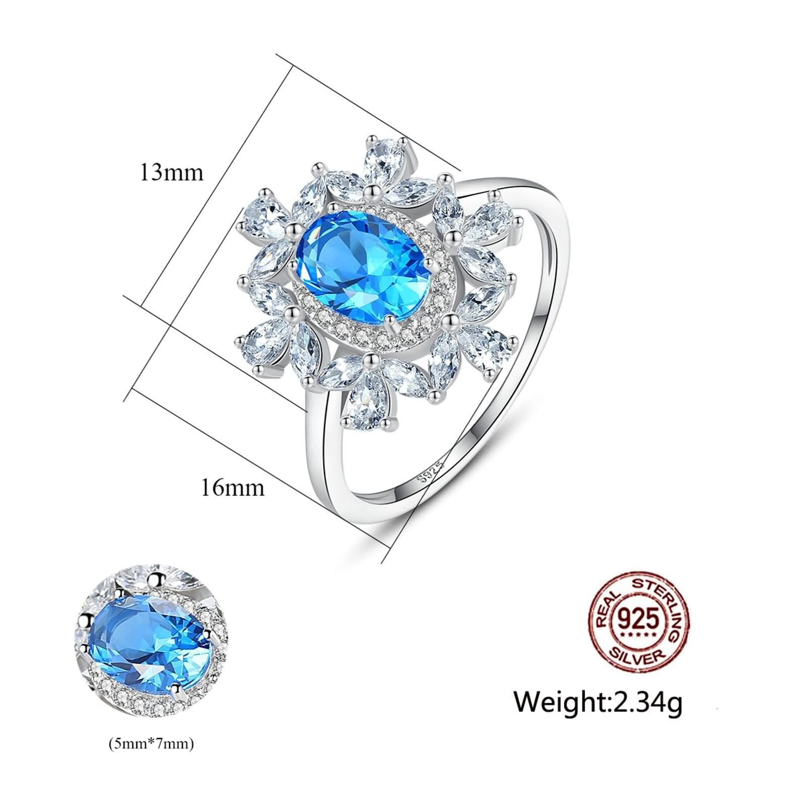 Verlobungsring für Damen, Ringe für Damen, Sterlingsilber, Blumen-Design, Saphir, weißer Zirkonia