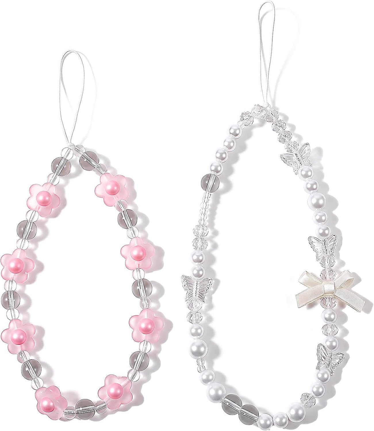 2 PCS Phone Beaded Wrist Strap, Butterfly Beaded Phone Wrist Straps, Flower Cute Hand Wristlet Lanyard, Camera Bracelet Strap Pearl Cellphone Charms Straps for Women Girls (White & Pink)