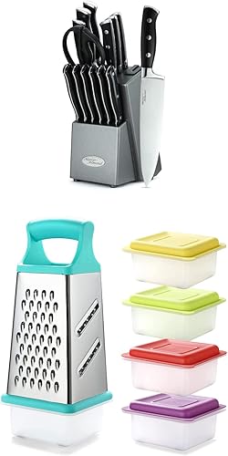 Marco Almond KYA31 - Juego de cuchillos japoneses de acero inoxidable en afilador + rallador de caja Marco Almond KYA57B, rallador de acero