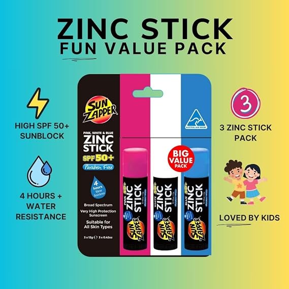 Sun Zapper Zinc Stick - Pink, White, Blue Face Sunblock SPF50+ Coloured Zinc Sunscreen Sticks Made in Australia