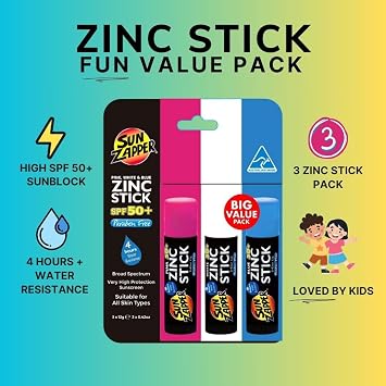 Sun Zapper Zinc Stick - Pink, White, Blue Face Sunblock SPF50+ Coloured Zinc Sunscreen Sticks Made in Australia