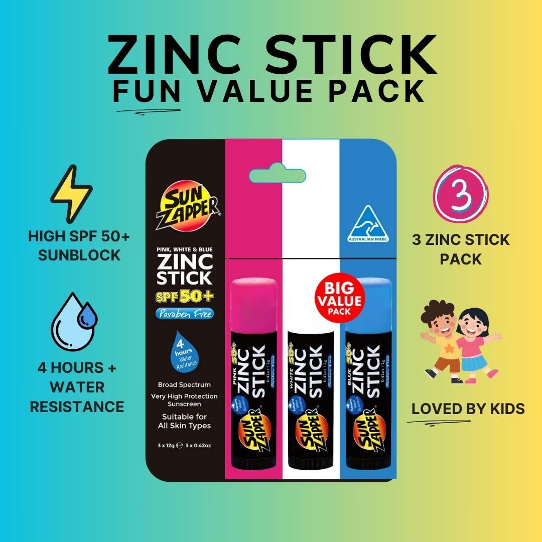 Bâtonnets de Zinc Sun Zapper – Couleur Rose + Blanc + Bleu. - SPF50+ - Protection solaire très élevée. Protège contre les UVA et les UVB.