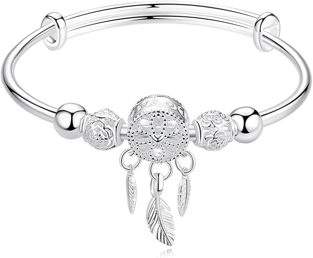 HCMA Adjustable 925 Silver Dream catcher Tassel Feather Round Bead Charm Bracelet & Bangle For Women Elegant Jewelry The great gift for women