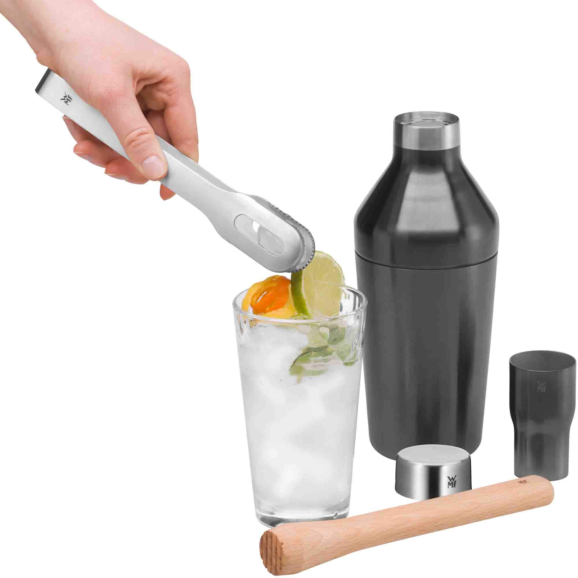 WMF Baric - Set da cocktail da 4 pezzi, barista con shaker da cocktail in acciaio inox, misurino, pinza per ghiaccio, pestello in legno, riponibile, confezione regalo