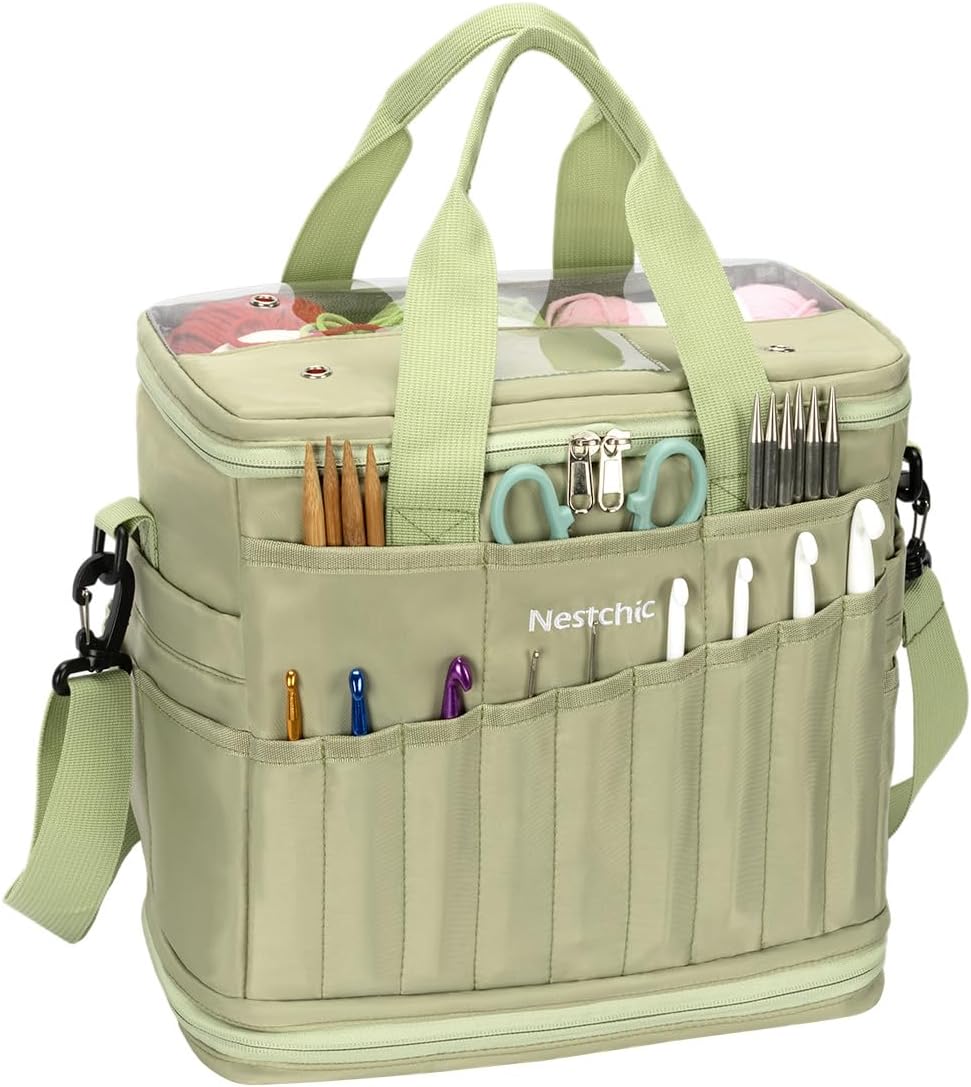 Expandable Crochet Bag,Anti-Tangle Yarn Storage Organizer, Durable Knitting Project Bags for Crocheting Accessories, Portable Travel Yarn Bag for Knitters & Crocheters.ldeal Gift for Women (Green)
