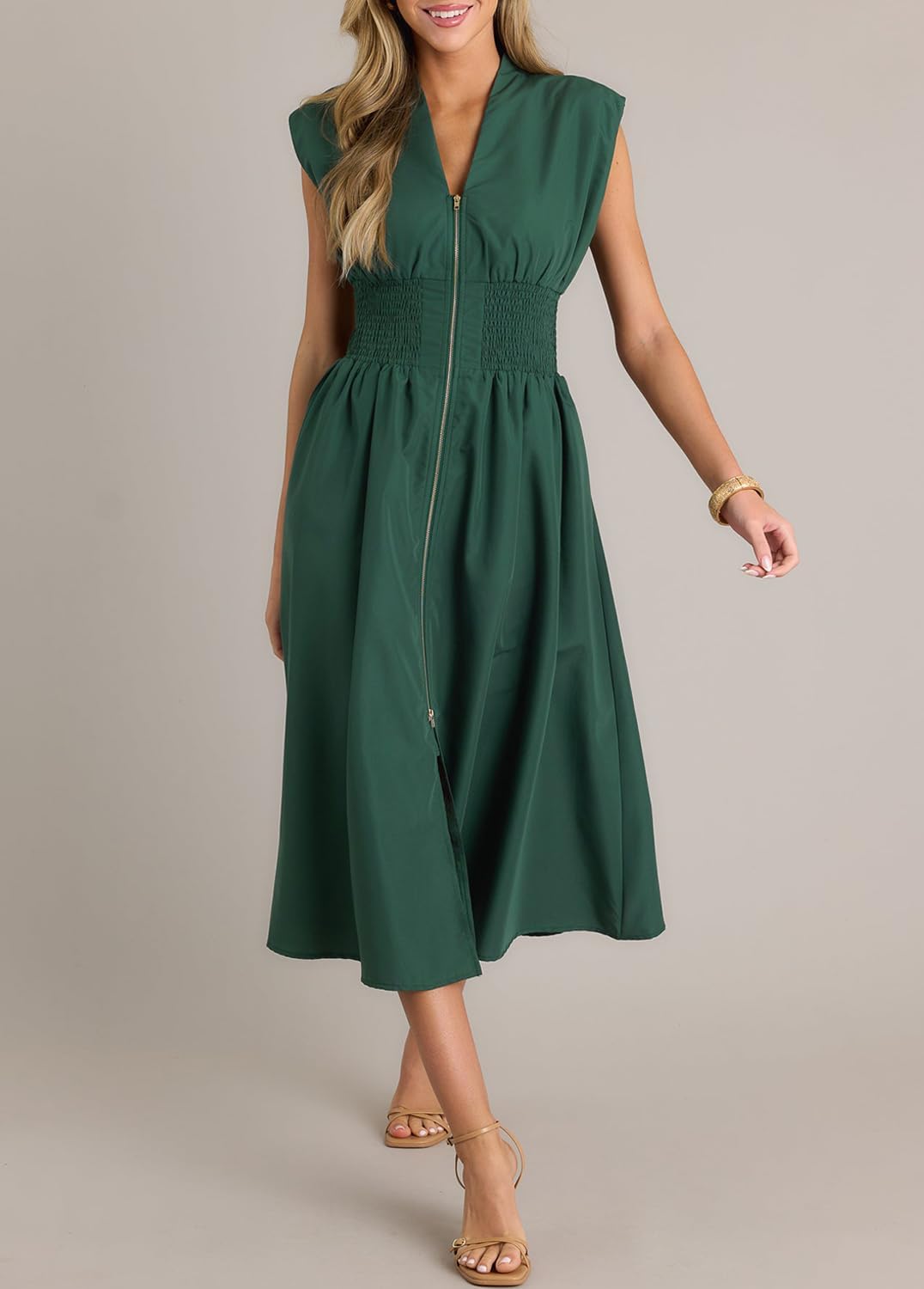 ROYLAMP Womens Summer Casual Dress Vintage Cocktail Wrap & Shape Dress V Neck Zipper Front Flowy Midi Dress with Pockets