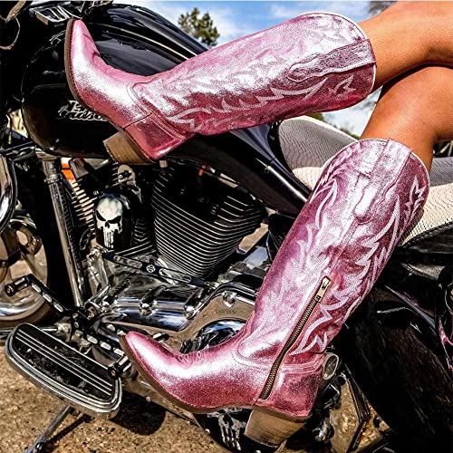 Aosphiraylian Cowgirl Cowboy Boots For Women Retro Pointed Toe Pull On Block Chunky Heel Glitter Sparkly Metallic Embroidered Long Tall Wide Mid Calf Western Boots Pink #TOP3