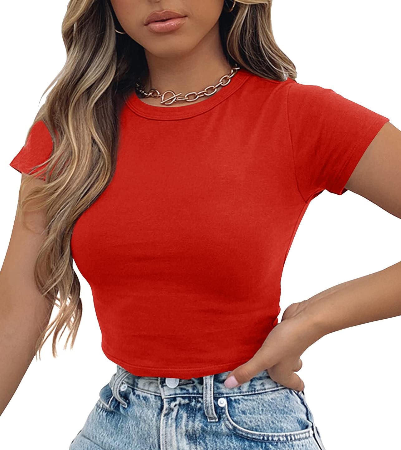 Artfish Women's Basic Teen Tee Workout Crewneck Short Sleeve Slim Fitted Casual Crop Top - Image 3