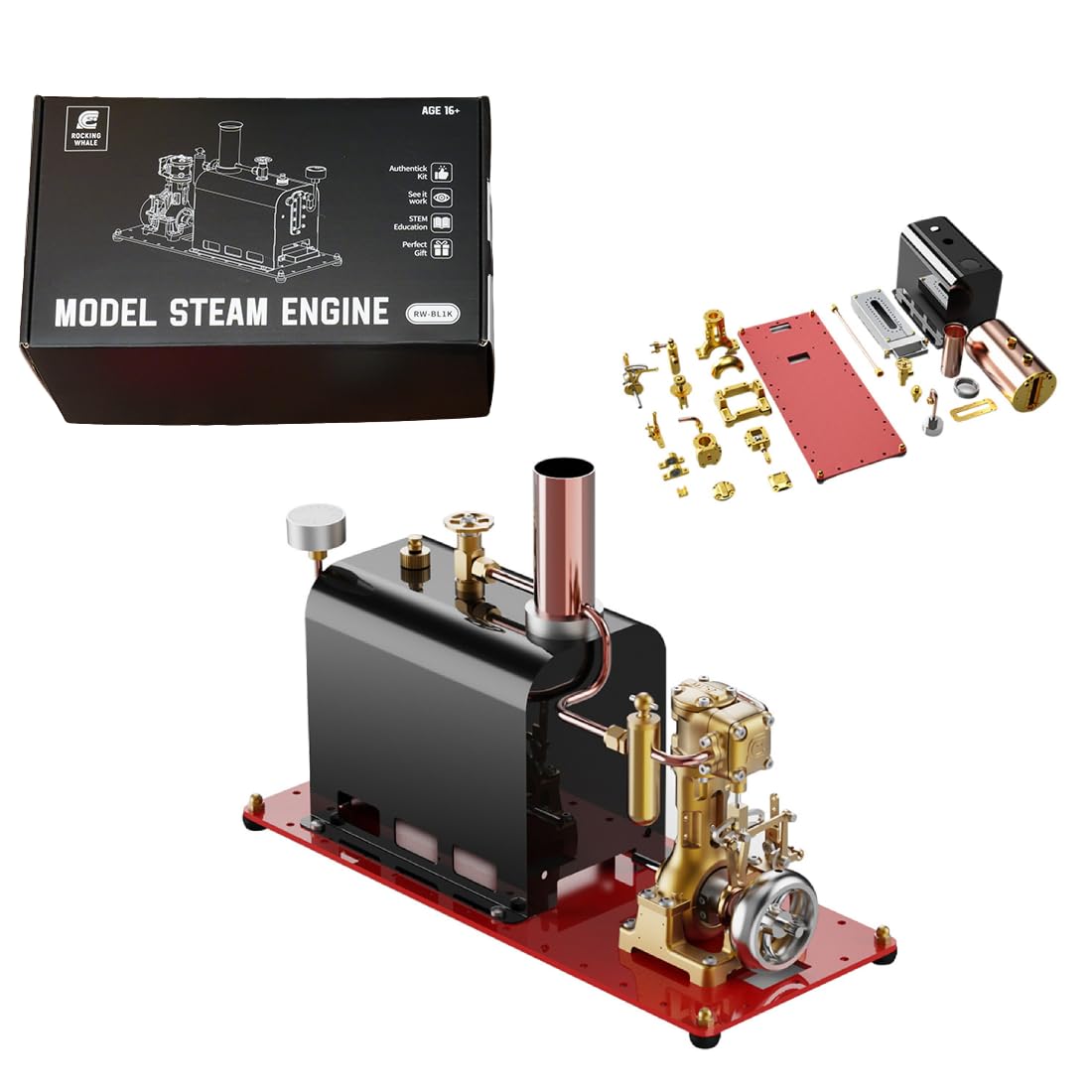 TBRICKFUNR RW-BL1K Mini Reversible Steam Engine Model Kit with Boiler, Single Cylinder Reciprocating Live Steam Engine for Model Boats, Collector's Display & Gifts for Industrial Hobbyists