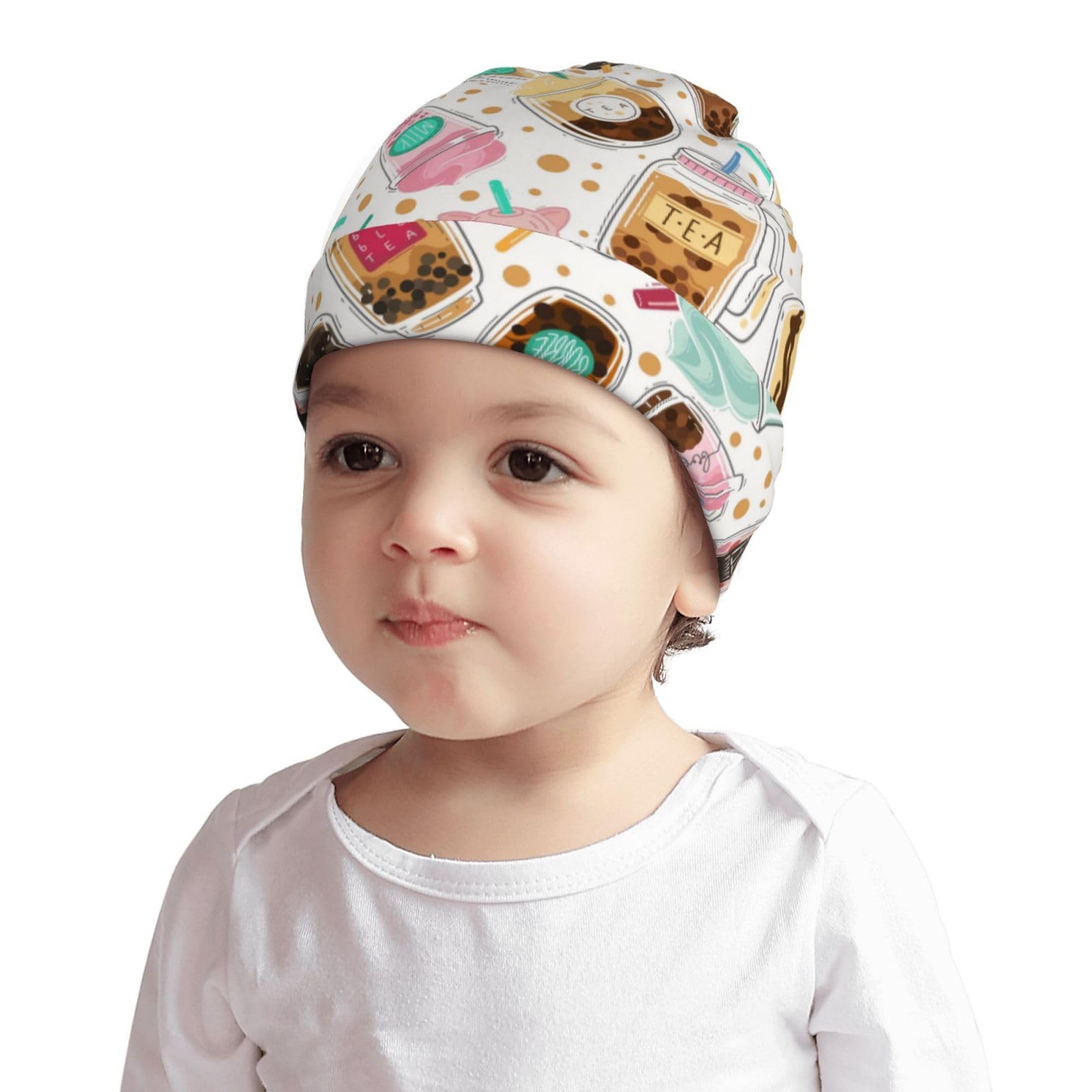 Rqzwdq Cute Cartoon Bubble Tea Pattern Kids Beanie Hats Warm Knit Beanie Cap Skull Caps Gifts Decor for Boys Girls White