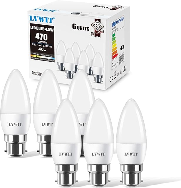 LVWIT B22 LED Bayonet Candle Bulbs 40W Equivalent Incandescent Bulbs, 4.5W C37 Candelabra Bulb Bayonet, 470Lm,2700K Warm White Candle Bulbs Bayonet,200 Degree Beam Angle,Non-Dimmable (Pack of 6)