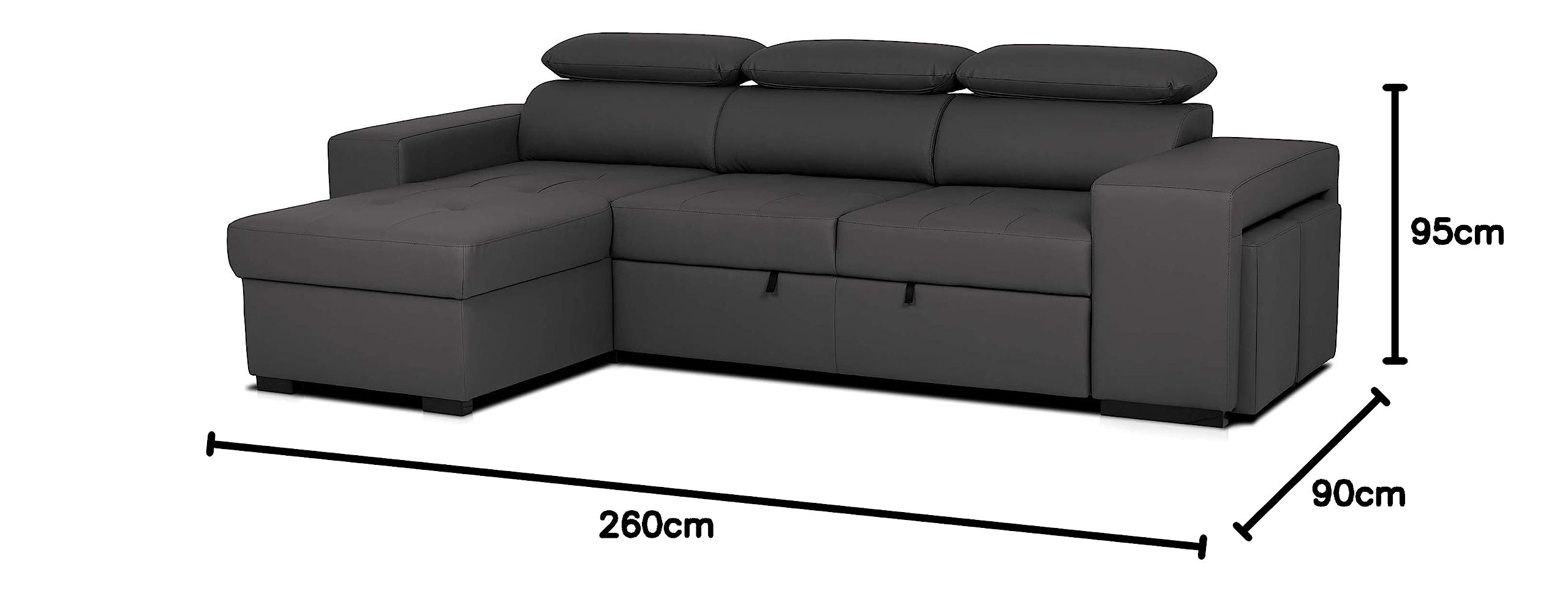 BUDWING John Sofá Cama Esquinero 4 Plazas - Chaise Longue Reversible, Reposacabezas Ajustable y 2 Pufs – Tapizado en Poliuretano – Estilo Moderno – 263x161x96 cm – Negro