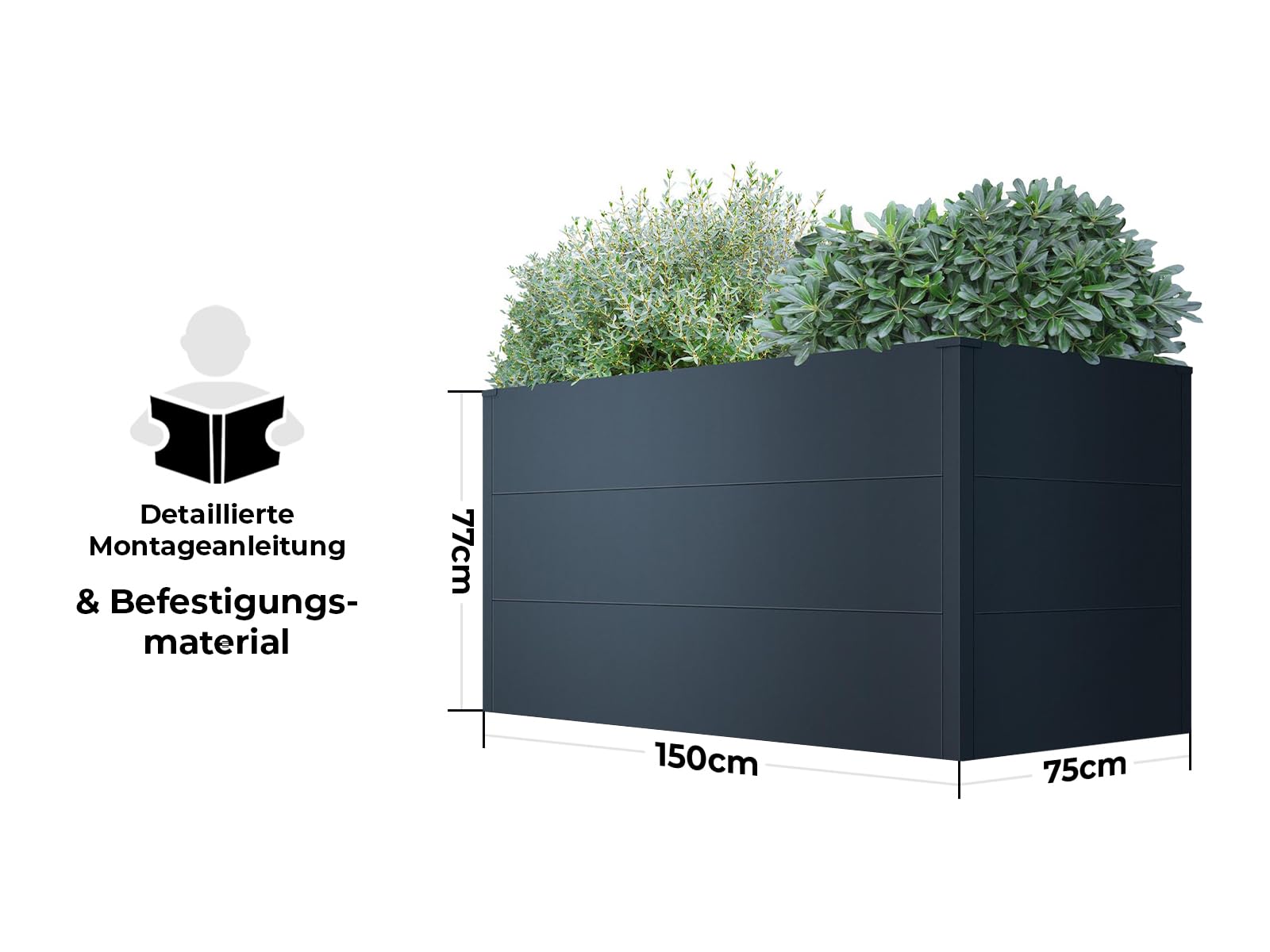 Metzler Hochbeet für den Garten – Stahl in Anthrazit | Witterungsbeständiges Metall-Gartenbeet, Pflanzenbeet, Blumenhochbeet | 150 x 75 x 77 cm