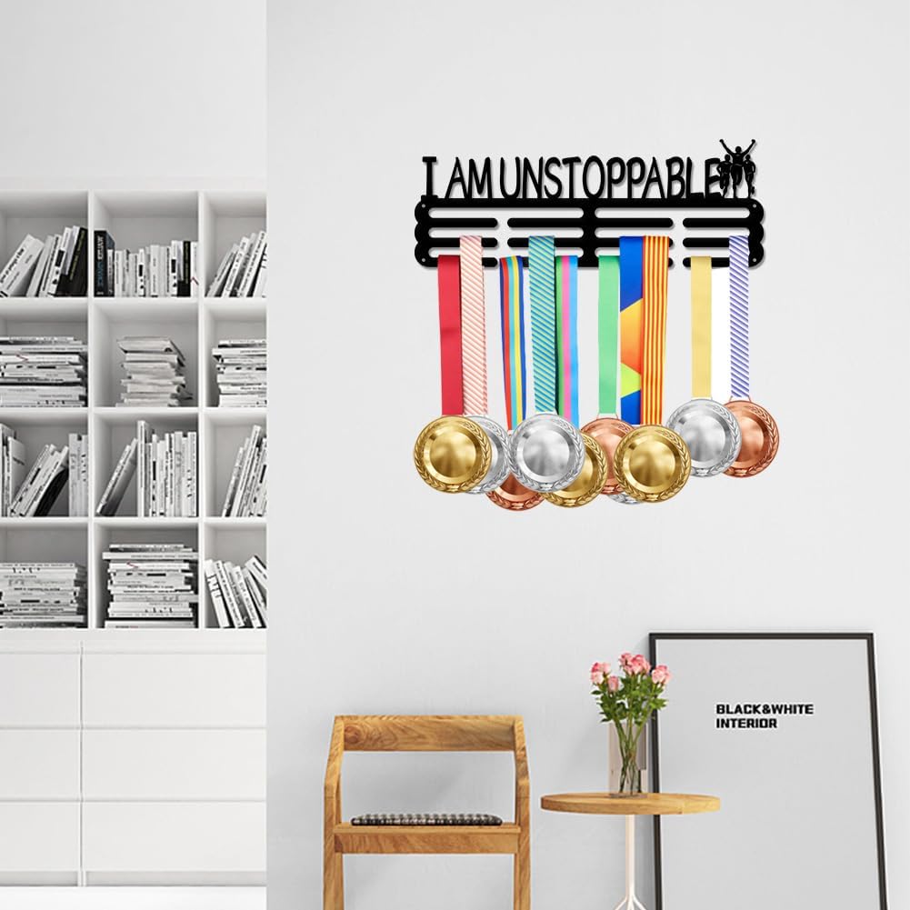 SUPERDANT Running Medal Holder I am Unstoppable Medal Display Hanger Rack Running Enthusiasts Sports Metal Wall Mount Display Rack Awards Sports Ribbon Holder for Runner
