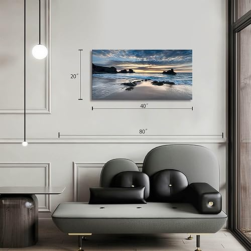 Miniatura 2 de Decoración de pared para sala de estar, lienzo impreso en lienzo con diseño de amanecer por la mañana en la playa, cuadro de paisaje azul