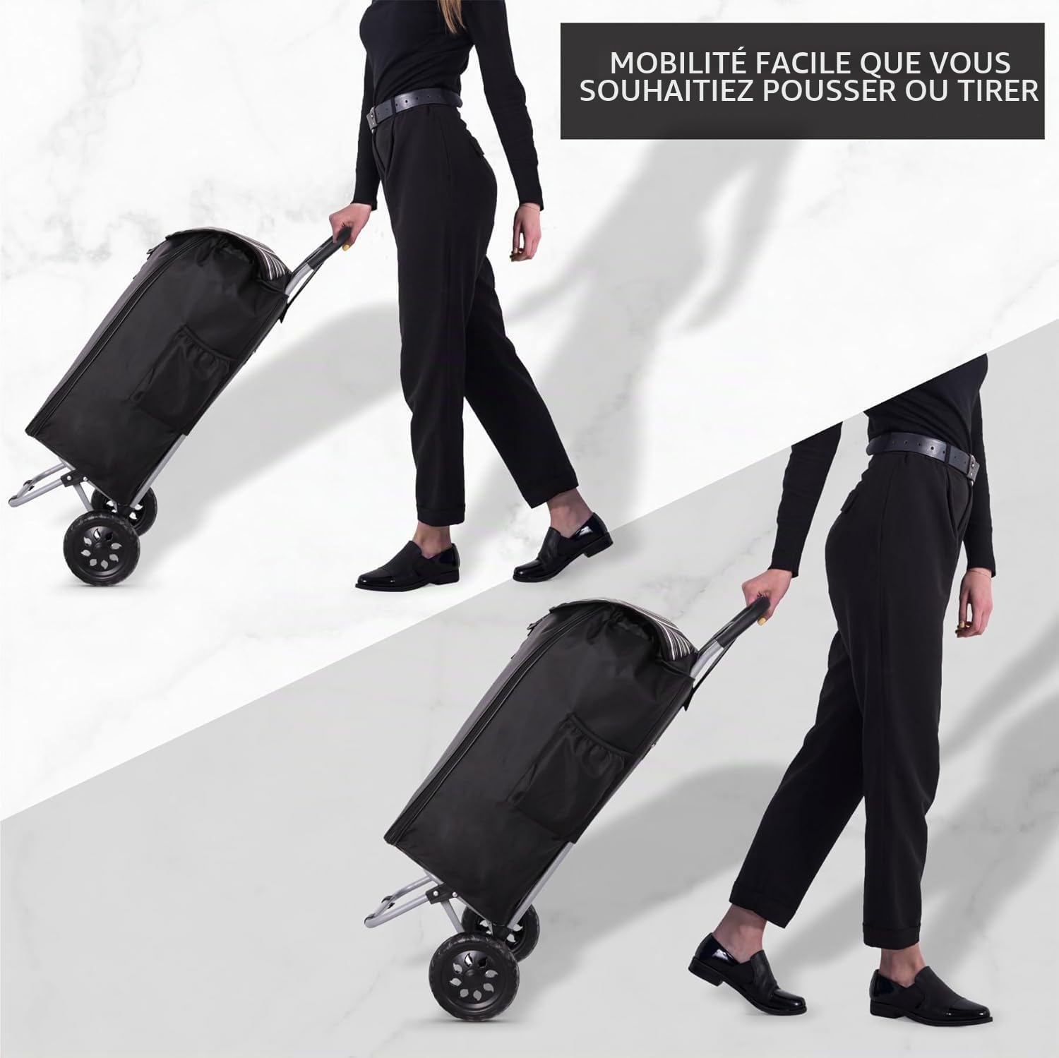 Hoppa 57-64L Chariot à roulettes Extensible avec 2 Roues à clic on/Off - Chariot de Courses Pliable et résistant - Poussette de marché légère et imperméable avec Plusieurs Poches - Noir
