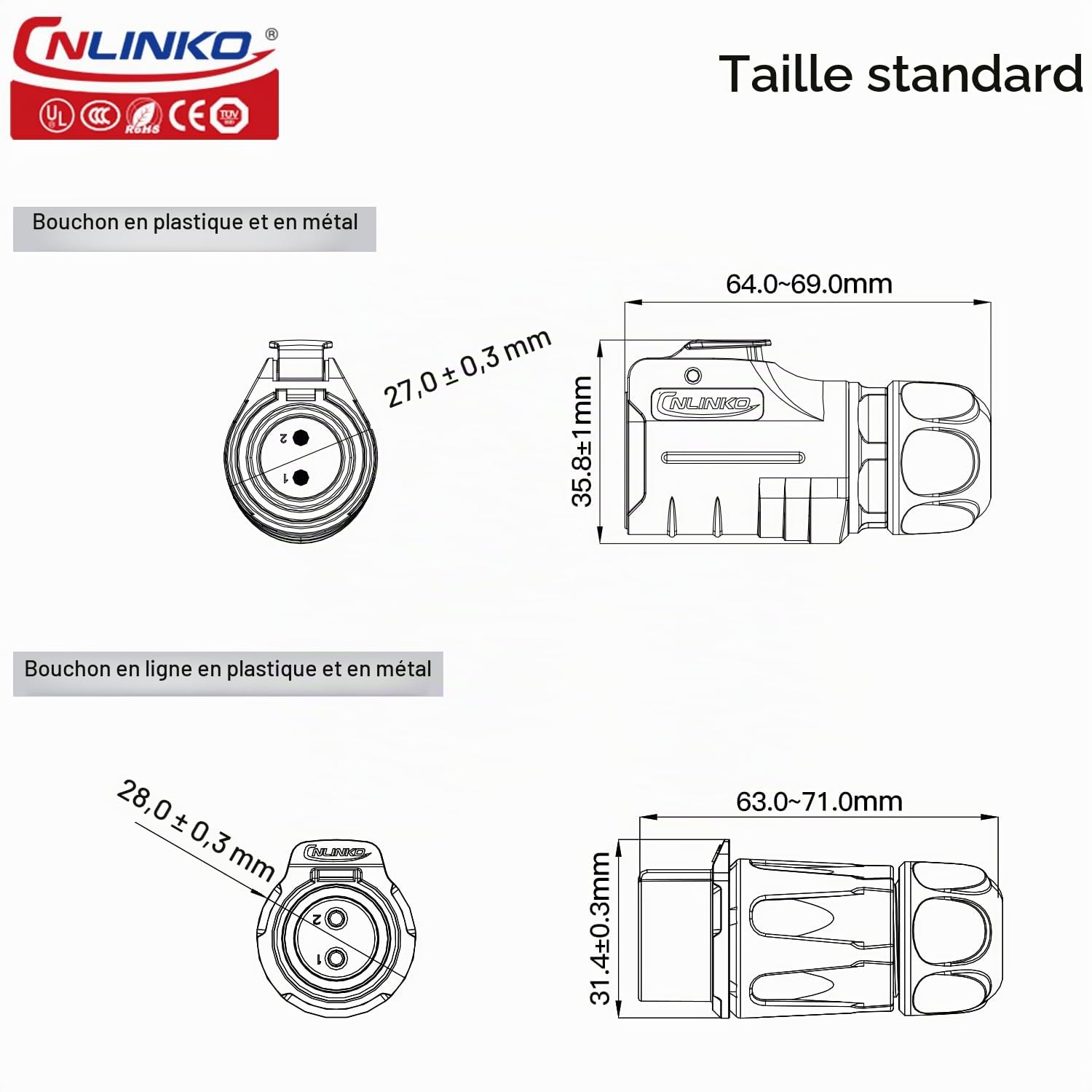 CNLINKO LP-20 Connecteur étanche à 2 Broches, Connecteur Circulaire IP68, Connecteur aéronautique à branchement Rapide, Connecteur à souder en Plastique PBT, Industrie Maritime(2 Broches)